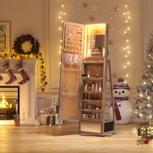 Vlsrka – Armoire à bijoux avec 3 lumières LED, pivotante à 360°, miroir pleine longueur, armoire à bijoux verrouillable et range-tout pour