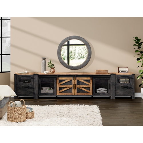 WAMPAT TV Stand Set with Charging Station and Drawers,85 inch Farmhouse Entertainment Center with Sliding Barn Door for Living Room Bedroom, Dark