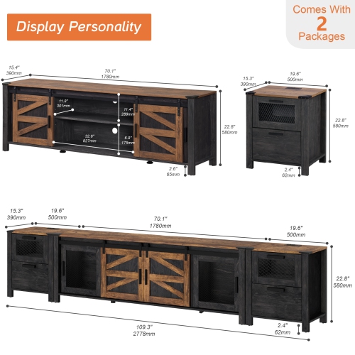 WAMPAT TV Stand Set with Charging Station and Drawers,85 inch Farmhouse Entertainment Center with Sliding Barn Door for Living Room Bedroom, Dark