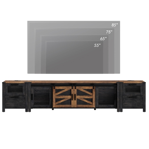 WAMPAT TV Stand Set with Charging Station and Drawers,85 inch Farmhouse Entertainment Center with Sliding Barn Door for Living Room Bedroom, Dark
