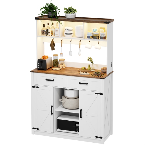 Armoire basse Vlsrka Farmhouse avec rangement&nbsp;: Buffet avec 3 lumières LED de couleur et station de recharge, bahut à porte de grange avec tiroi