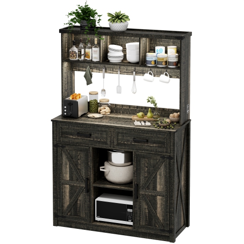 VLSRKA  Farmhouse Coffee Bar Cabinet \w Storage: Buffet Sideboard \w 3 Color Led Lights & Charging Station, Barn Door Credenza \w Drawers for Kitchen