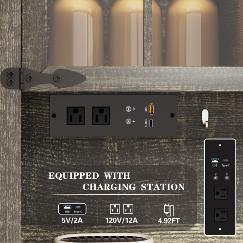 Vlsrka 67 " Farmhosue Bar Cabinet with LED Lights & Power Outlets, Large Kitchen Buffet with Hutch & 2 Large Drawers, 8 Storage Shelves, Rustic