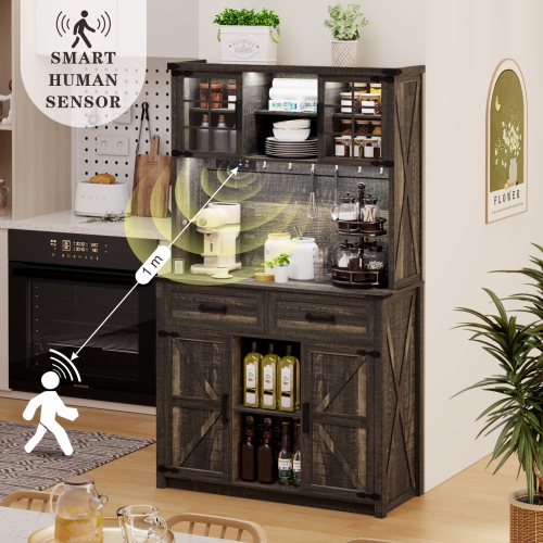 Vlsrka 67 " Farmhosue Bar Cabinet with LED Lights & Power Outlets, Large Kitchen Buffet with Hutch & 2 Large Drawers, 8 Storage Shelves, Rustic