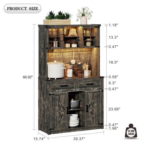Vlsrka 67 " Farmhosue Bar Cabinet with LED Lights & Power Outlets, Large Kitchen Buffet with Hutch & 2 Large Drawers, 8 Storage Shelves, Rustic