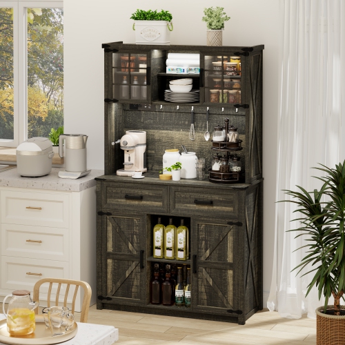 Vlsrka 67 " Farmhosue Bar Cabinet with LED Lights & Power Outlets, Large Kitchen Buffet with Hutch & 2 Large Drawers, 8 Storage Shelves, Rustic
