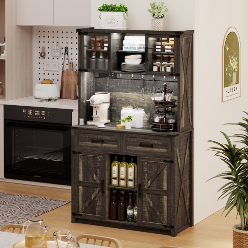 Vlsrka 67 " Farmhosue Bar Cabinet with LED Lights & Power Outlets, Large Kitchen Buffet with Hutch & 2 Large Drawers, 8 Storage Shelves, Rustic