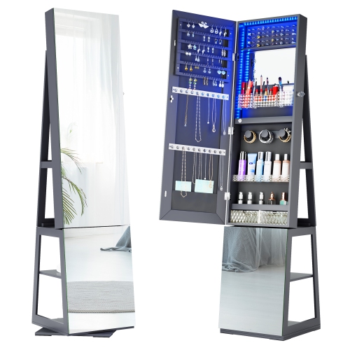 Vlsrka Full-length Mirror with Jewelry Storage, 360° Swivel Jewelry Armoire with Mirror Jewelry Cabinet Standing, Stand up Mirror with Jewelry Storag