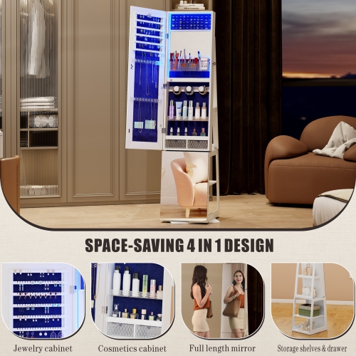 Vlsrka Full-length Mirror with Jewelry Storage, 360° Swivel Jewelry Armoire with Mirror Jewelry Cabinet Standing, Stand up Mirror with Jewelry