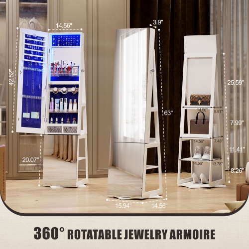 Vlsrka Full-length Mirror with Jewelry Storage, 360° Swivel Jewelry Armoire with Mirror Jewelry Cabinet Standing, Stand up Mirror with Jewelry