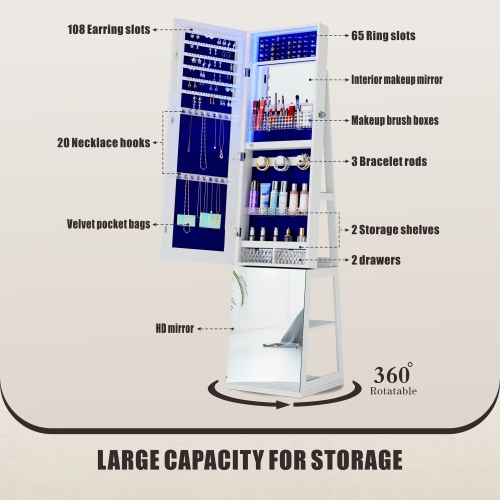 Vlsrka Full-length Mirror with Jewelry Storage, 360° Swivel Jewelry Armoire with Mirror Jewelry Cabinet Standing, Stand up Mirror with Jewelry