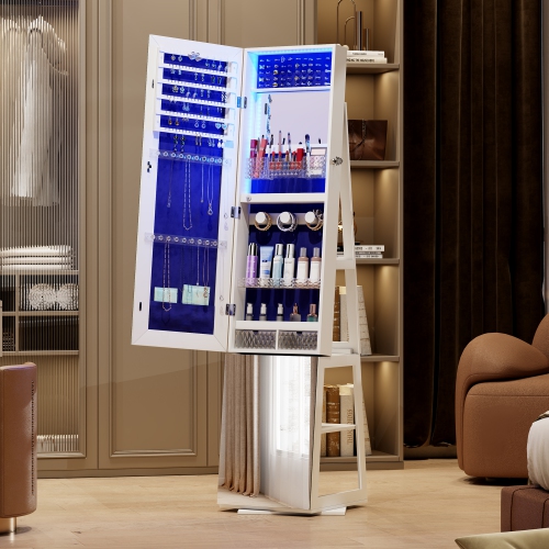Vlsrka Full-length Mirror with Jewelry Storage, 360° Swivel Jewelry Armoire with Mirror Jewelry Cabinet Standing, Stand up Mirror with Jewelry