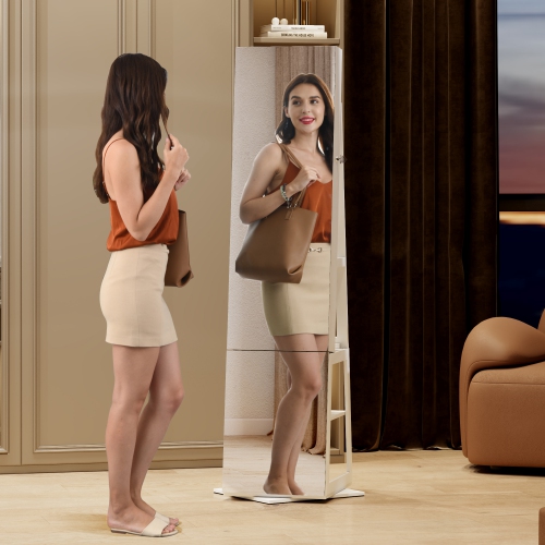 Vlsrka Full-length Mirror with Jewelry Storage, 360° Swivel Jewelry Armoire with Mirror Jewelry Cabinet Standing, Stand up Mirror with Jewelry