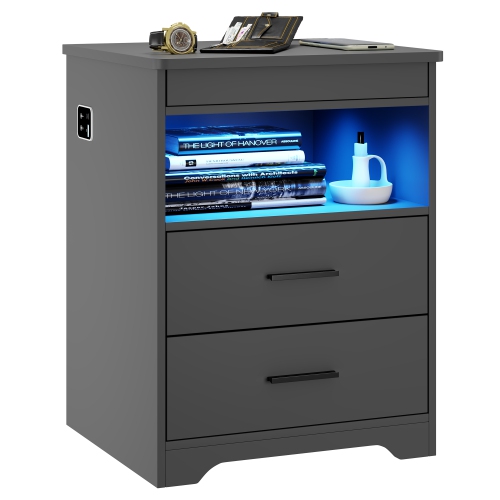 Vlsrka Night Stand with Gun Drawer, Charging Bedside Table with USB & Type-C Port, LED Nightstand with Human Sensor Light, Modern End Table with Draw