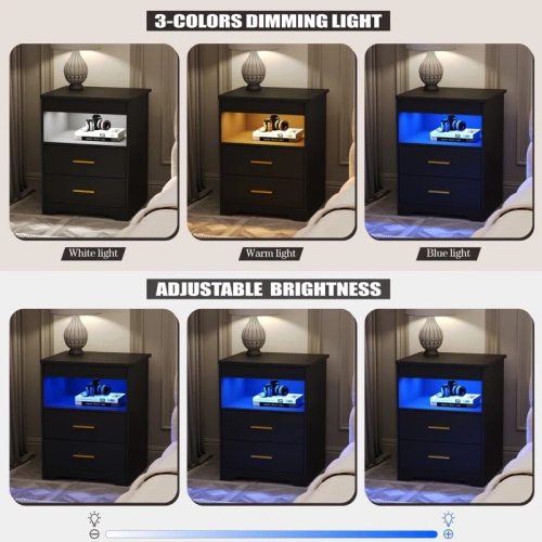 Vlsrka Night Stand with Gun Drawer, Charging Bedside Table with USB & Type-C Port, LED Nightstand with Human Sensor Light, Modern End Table with