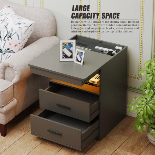 Vlsrka Night Stand with Gun Drawer, Charging Bedside Table with USB & Type-C Port, LED Nightstand with Human Sensor Light, Modern End Table with