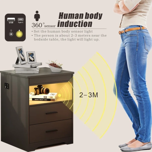 Vlsrka Night Stand with Gun Drawer, Charging Bedside Table with USB & Type-C Port, LED Nightstand with Human Sensor Light, Modern End Table with
