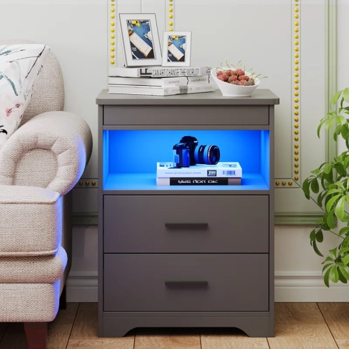 Vlsrka Night Stand with Gun Drawer, Charging Bedside Table with USB & Type-C Port, LED Nightstand with Human Sensor Light, Modern End Table with