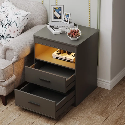 Vlsrka Night Stand with Gun Drawer, Charging Bedside Table with USB & Type-C Port, LED Nightstand with Human Sensor Light, Modern End Table with