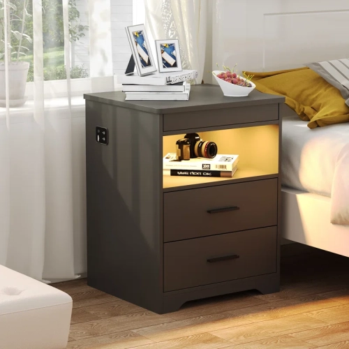 Vlsrka Night Stand with Gun Drawer, Charging Bedside Table with USB & Type-C Port, LED Nightstand with Human Sensor Light, Modern End Table with