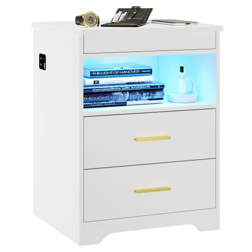 Image 1 de 9.. Vlsrka Night Stand with Gun Drawer, Charging Bedside Table with USB & Type-C Port, LED Nightstand with Human Sensor Light, Modern End Table with