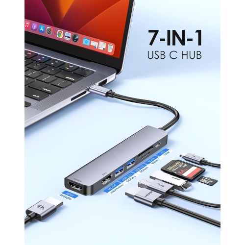 USB C to Dual HDMI Adapter, 7 in 1 USB C Docking Station with 2 * 60HZ HDMI, SD/TF Card Reader, 2 USB 3.0, USB Dongle Compatible for MacBook Air/Pro,
