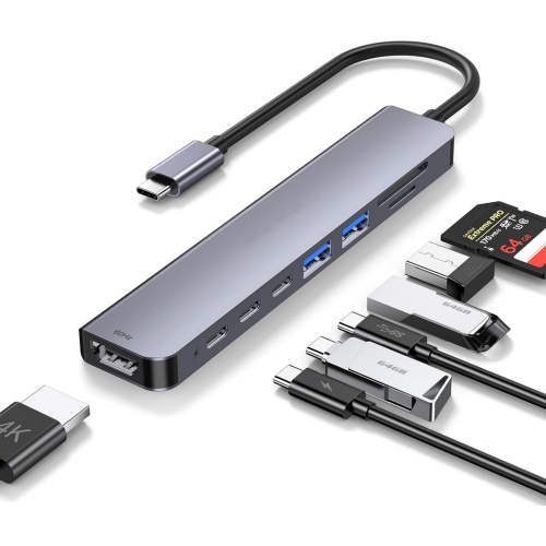 USB C Hub 8 in 1 with 4K@60Hz HDMI, 2 USB C Data Sync & 2 USB 3.0 Port, PD 100W, SD/Micro SD Card Reader for 2024-2018 MacBook Air, New Mac Pro,