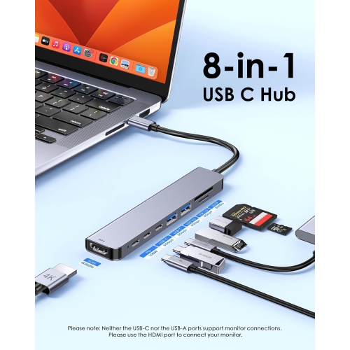 USB C Hub 8 in 1 with 4K@60Hz HDMI, 2 USB C Data Sync & 2 USB 3.0 Port, PD 100W, SD/Micro SD Card Reader for 2024-2018 MacBook Air, New Mac Pro,