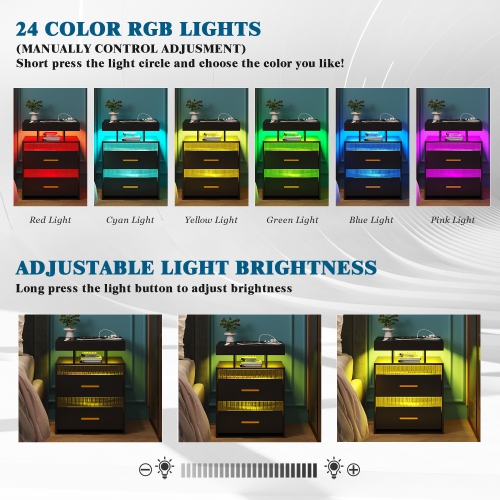 Vlsrka Nightstand with Charging Station, Night Stand with Drawers Bedside Table with LED Light & Human Sensor Design Modern End Table for Bedroom