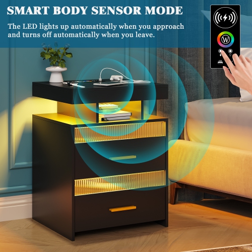 Vlsrka Nightstand with Charging Station, Night Stand with Drawers Bedside Table with LED Light & Human Sensor Design Modern End Table for Bedroom