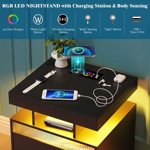 Vlsrka Nightstand with Charging Station, Night Stand with Drawers Bedside Table with LED Light & Human Sensor Design Modern End Table for Bedroom