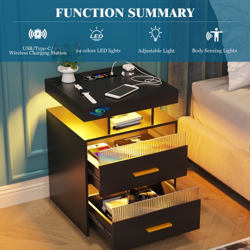 Vlsrka Nightstand with Charging Station, Night Stand with Drawers Bedside Table with LED Light & Human Sensor Design Modern End Table for Bedroom