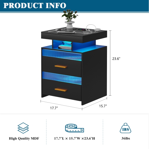 Vlsrka Nightstand with Charging Station, Night Stand with Drawers Bedside Table with LED Light & Human Sensor Design Modern End Table for Bedroom