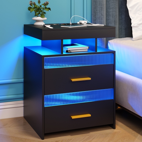 Vlsrka Nightstand with Charging Station, Night Stand with Drawers Bedside Table with LED Light & Human Sensor Design Modern End Table for Bedroom