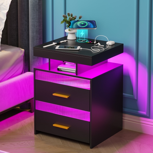 Vlsrka Nightstand with Charging Station, Night Stand with Drawers Bedside Table with LED Light & Human Sensor Design Modern End Table for Bedroom
