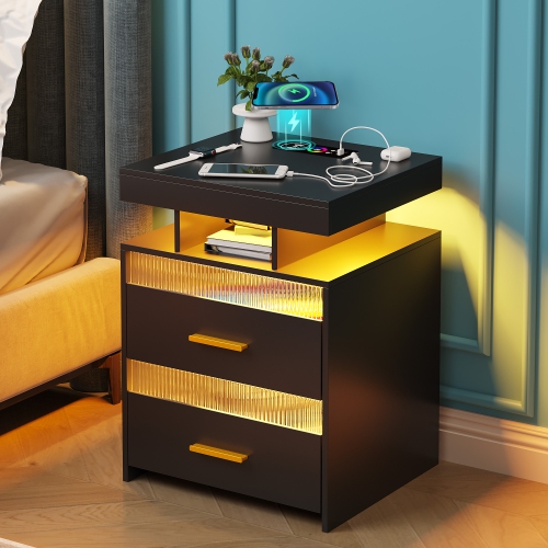 Vlsrka Nightstand with Charging Station, Night Stand with Drawers Bedside Table with LED Light & Human Sensor Design Modern End Table for Bedroom