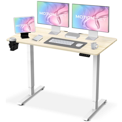 Image 1 of 10.. MotionGrey Ergo2 - Adjustable Electric Standing Desk with Memory Settings - 43"x24" Light Brown Top White Frame - Ergonomic Sit-to-Stand Desk for