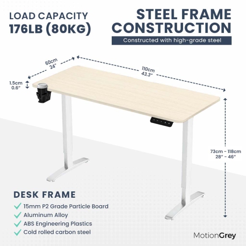 MotionGrey Ergo2 - Adjustable Electric Standing Desk with Memory Settings - 43"x24" Light Brown Top White Frame - Ergonomic Sit-to-Stand Desk for