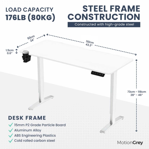 MotionGrey Ergo2 - Adjustable Electric Standing Desk with Memory Settings - 43"x24" White Top White Frame - Ergonomic Sit-to-Stand Desk for Home and