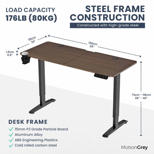 MotionGrey Ergo2 - Adjustable Electric Standing Desk with Memory Settings - 55"x24" Dark Brown Top Black Frame - Ergonomic Sit-to-Stand Desk for Home