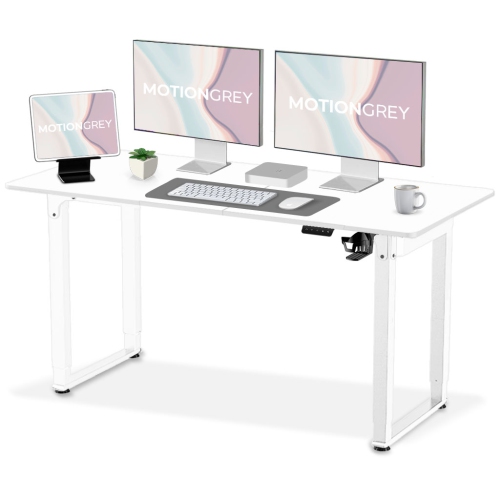 MotionGrey Ergo2 Pro - Adjustable Electric Standing Desk with Memory Settings - 55" x 28" White Top White Frame - Ergonomic Sit-to-Stand Desk for