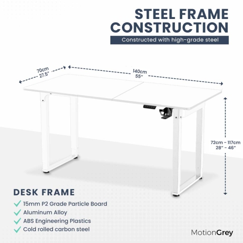 MotionGrey Ergo2 Pro - Adjustable Electric Standing Desk with Memory Settings - 55" x 28" White Top White Frame - Ergonomic Sit-to-Stand Desk for