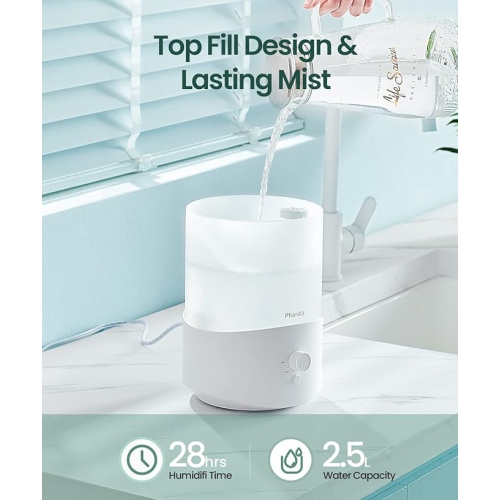 Pharata 2.5L Cool Mist Humidifier with Essential Oil Diffuser, Top Fill, Ultrasonic for Bedrooms and Large Rooms, Auto Shut-Off.