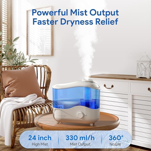 ASAKUKI 4L Top Fill Cool Mist Humidifier for Bedrooms and Large Rooms, Quiet Ultrasonic Design, Oil Diffuser, 360° Nozzle, Auto Shut-Off, Night