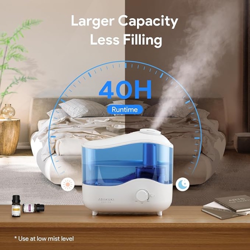 ASAKUKI 4L Top Fill Cool Mist Humidifier for Bedrooms and Large Rooms, Quiet Ultrasonic Design, Oil Diffuser, 360° Nozzle, Auto Shut-Off, Night