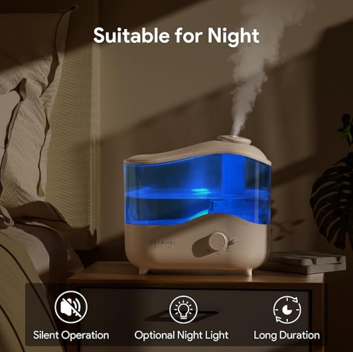 ASAKUKI 4L Top Fill Cool Mist Humidifier for Bedrooms and Large Rooms, Quiet Ultrasonic Design, Oil Diffuser, 360° Nozzle, Auto Shut-Off, Night
