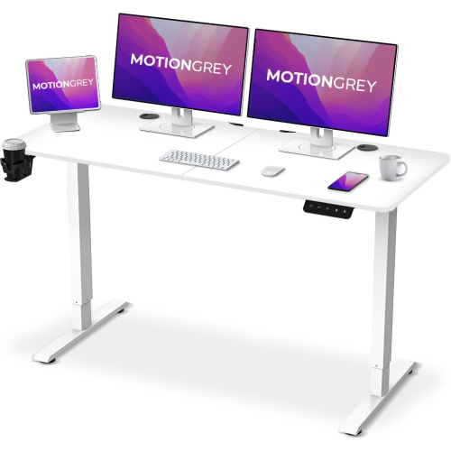 Image 1 of 8.. MotionGrey Ergo2 - Adjustable Electric Standing Desk with Memory Settings - 55"x24" White Top White Frame - Ergonomic Sit-to-Stand Desk for Home and