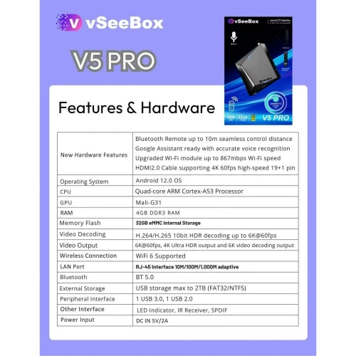2025 vSeeBox V5 Pro New Model with Built-in Voice Control System | Android 12 | 4GB RAM | 32GB Storage