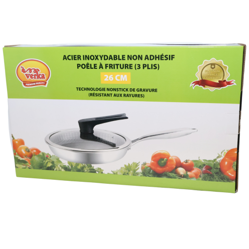 Poêle à frire en acier inoxydable de Verka avec technologie de gravure antiadhésive, 26 cm
