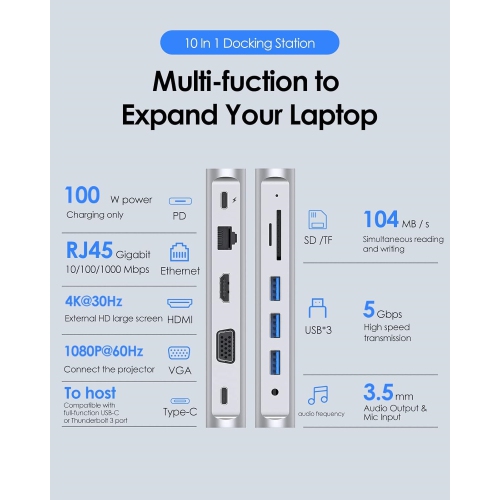 USB C Docking Station 100W Power Dock, 4K HDMI, VGA, Gigabit Ethernet, Card Reader, USB 3.0, Aux Adapter for 2022-2016 MacBook Pro, New Mac